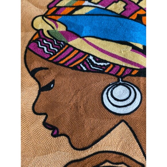Handmade Embroidered Pillow Cover – African Woman in Colorful Headwrap, Boho Afr - Picture 2 of 7